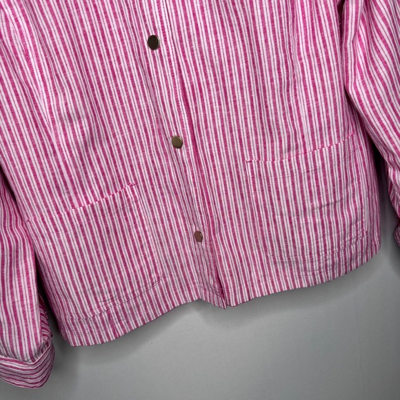 Chicos Reversible Linen Jacket Size 2/12-14 Pink White Striped Snap Classic - Picture 6 of 13